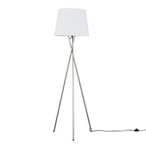 ValueLights Modern Brushed Chrome Tripod Floor Lamp With White Fabric Shade