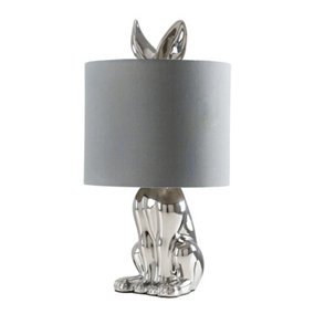 ValueLights Modern Chrome Ceramic Rabbit Hare Animal Table Lamp With Grey Shade