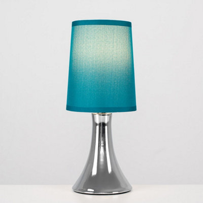 ValueLights Modern Chrome Trumpet Touch Table Lamp With Turquoise Teal Fabric Shade