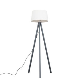 ValueLights Modern Copper Wood Tripod Floor Lamp With White Faux Linen Shade