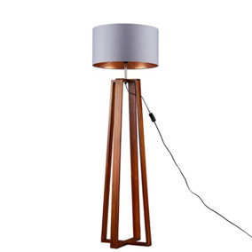 ValueLights Modern Dark Wood 4 Legged Cross Design Floor Lamp With Grey Copper Shade