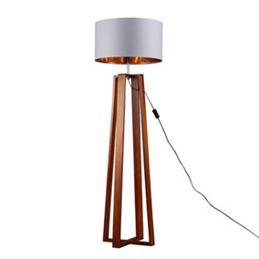 ValueLights Modern Dark Wood 4 Legged Cross Design Floor Lamp With Grey Gold Drum Shade