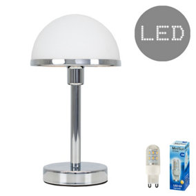ValueLights Modern Designer Style Brushed Chrome & White Glass Table Lamp - Includes 3w LED G9 Bulb 3000K Warm White