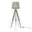 ValueLights Modern Distressed Wood And Silver Chrome Tripod Floor Lamp With Beige Light Shade