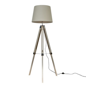 ValueLights Modern Distressed Wood And Silver Chrome Tripod Floor Lamp With Beige Light Shade