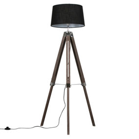 ValueLights Modern Distressed Wood And Silver Chrome Tripod Floor Lamp With Black Shade