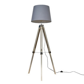ValueLights Modern Distressed Wood And Silver Chrome Tripod Floor Lamp With Grey Light Shade