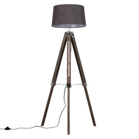 ValueLights Modern Distressed Wood And Silver Chrome Tripod Floor Lamp With Grey Shade