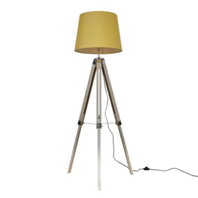 ValueLights Modern Distressed Wood And Silver Chrome Tripod Floor Lamp With Mustard Light Shade