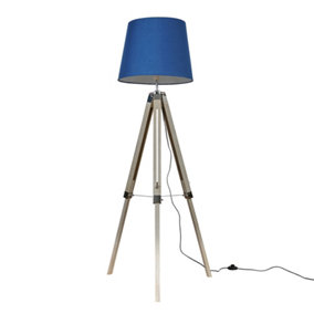ValueLights Modern Distressed Wood And Silver Chrome Tripod Floor Lamp With Navy Blue Light Shade