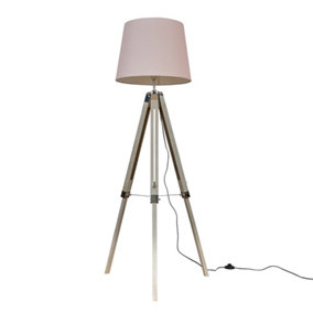 ValueLights Modern Distressed Wood And Silver Chrome Tripod Floor Lamp with Pink Light Shade