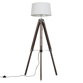 ValueLights Modern Distressed Wood And Silver Chrome Tripod Floor Lamp With White Shade