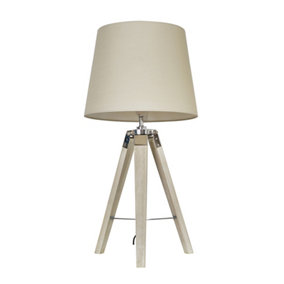 ValueLights Modern Distressed Wood And Silver Chrome Tripod Table Lamp With Beige Light Shade