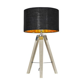 ValueLights Modern Distressed Wood And Silver Chrome Tripod Table Lamp With Black Gold Drum Shade