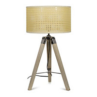 ValueLights Modern Distressed Wood And Silver Chrome Tripod Table Lamp With Cream Rattan Shade