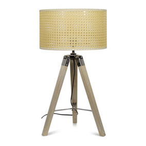 ValueLights Modern Distressed Wood And Silver Chrome Tripod Table Lamp With Cream Rattan Shade