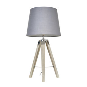 ValueLights Modern Distressed Wood And Silver Chrome Tripod Table Lamp With Grey Light Shade