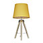 ValueLights Modern Distressed Wood And Silver Chrome Tripod Table Lamp With Mustard Light Shade