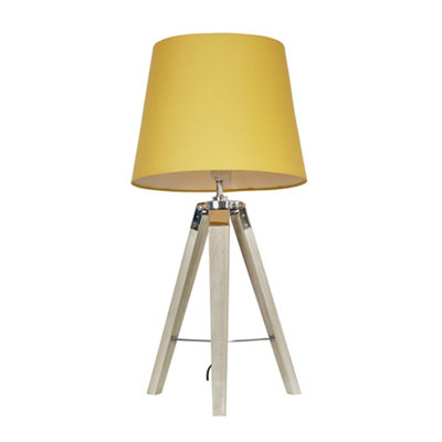 ValueLights Modern Distressed Wood And Silver Chrome Tripod Table Lamp With Mustard Light Shade