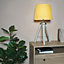 ValueLights Modern Distressed Wood And Silver Chrome Tripod Table Lamp With Mustard Light Shade