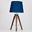 ValueLights Modern Distressed Wood And Silver Chrome Tripod Table Lamp With Navy Blue Light Shade