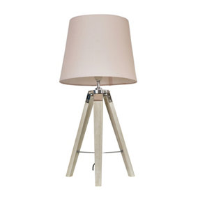 ValueLights Modern Distressed Wood And Silver Chrome Tripod Table Lamp With Pink Light Shade