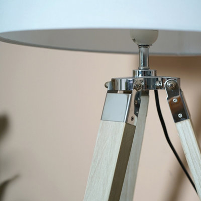 ValueLights Modern Distressed Wood and Silver Chrome Tripod Table Lamp With White Tapered Light Shade