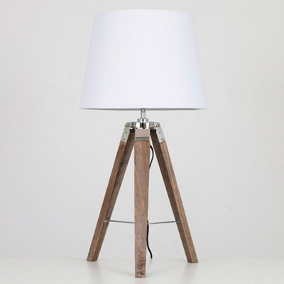 ValueLights Modern Distressed Wood and Silver Chrome Tripod Table Lamp With White Tapered Light Shade