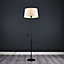 ValueLights Modern Floor Lamp In Black Metal Finish With Faux Linen White Shade