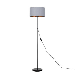 ValueLights Modern Floor Lamp In Black Metal Finish With Warm Grey Gold Drum Shade
