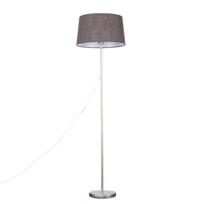 ValueLights Modern Floor Lamp In Brushed Chrome Metal Finish With Dark Grey Faux Linen  Shade