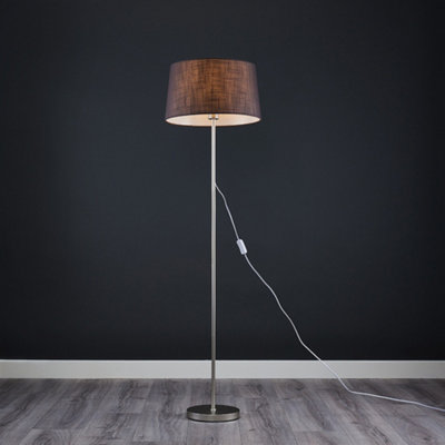 ValueLights Modern Floor Lamp In Brushed Chrome Metal Finish With Dark Grey Faux Linen  Shade