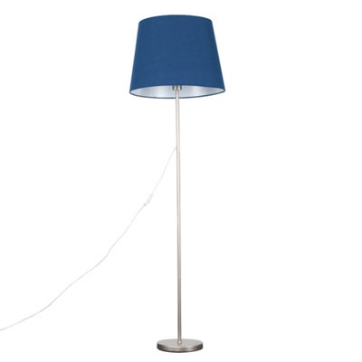 ValueLights Modern Floor Lamp In Brushed Chrome Metal Finish With Extra Large Navy Blue Shade