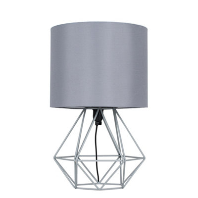 ValueLights Modern Geometric Grey Metal Cage Bedside Table Lamp With Grey Fabric Shade