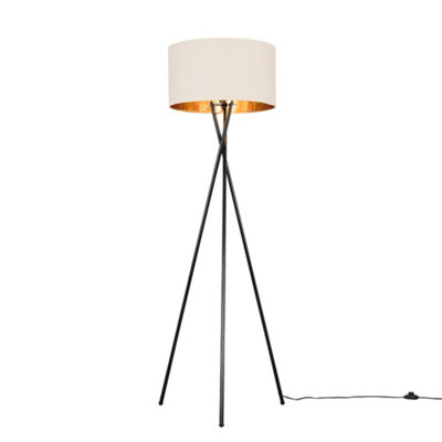 ValueLights Modern Gloss Black Metal Tripod Floor Lamp With Beige And Gold Cylinder Shade