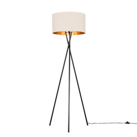 ValueLights Modern Gloss Black Metal Tripod Floor Lamp With Beige And Gold Cylinder Shade