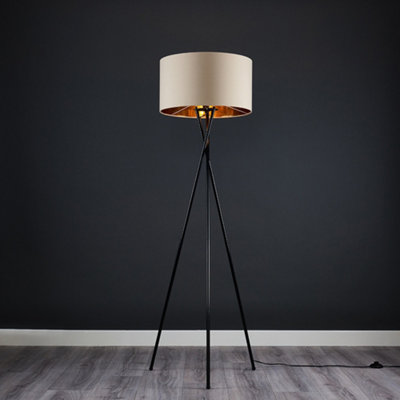 ValueLights Modern Gloss Black Metal Tripod Floor Lamp With Beige And Gold Cylinder Shade