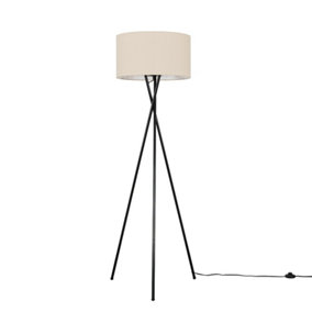 ValueLights Modern Gloss Black Metal Tripod Floor Lamp With Beige Cylinder Shade