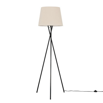 ValueLights Modern Gloss Black Metal Tripod Floor Lamp With Beige Shade