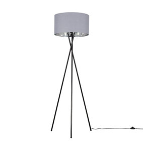 ValueLights Modern Gloss Black Metal Tripod Floor Lamp With Grey And Chrome Cylinder Shade