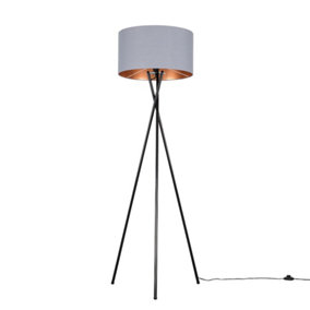 ValueLights Modern Gloss Black Metal Tripod Floor Lamp With Grey And Copper Cylinder Shade