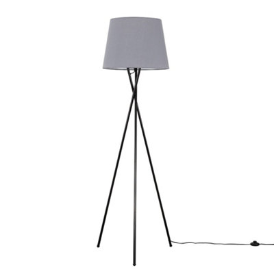 ValueLights Modern Gloss Black Metal Tripod Floor Lamp With Grey Shade