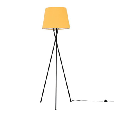 ValueLights Modern Gloss Black Metal Tripod Floor Lamp With Mustard Shade