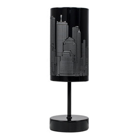 ValueLights Modern Gloss Black Touch Table Lamp with New York Skyline Shade - Includes 5w LED Dimmable Bulb 3000K Warm White