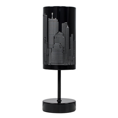 ValueLights Modern Gloss Black Touch Table Lamp With New York Skyline Shade