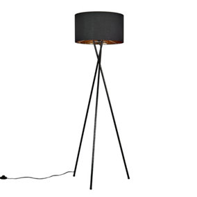 ValueLights Modern Gloss Black Tripod Floor Lamp With Black Fabric Shade