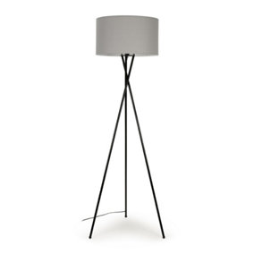 ValueLights Modern Gloss Black Tripod Floor Lamp With Grey Fabric Shade