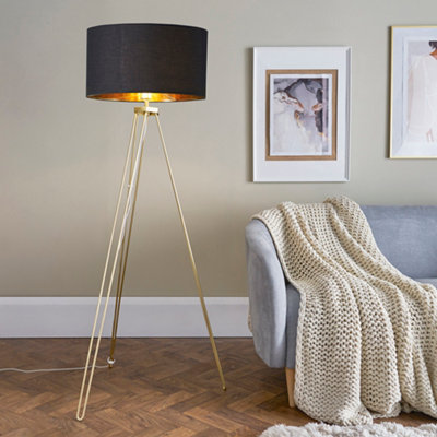 ValueLights Modern Gold Hairpin Design Tripod Floor Lamp With Black/Gold Drum Shade - Includes 6w LED GLS Bulb 3000K Warm White