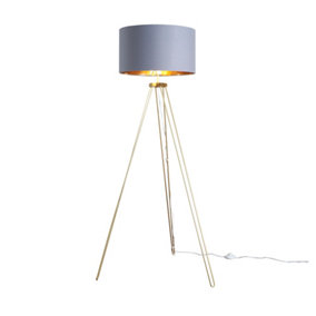 ValueLights Modern Gold Hairpin Design Tripod Floor Lamp With Grey/Gold Drum Shade - Includes 6w LED GLS Bulb 3000K Warm White