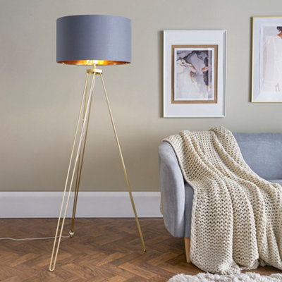 ValueLights Modern Gold Hairpin Design Tripod Floor Lamp With Grey Gold Drum Shade